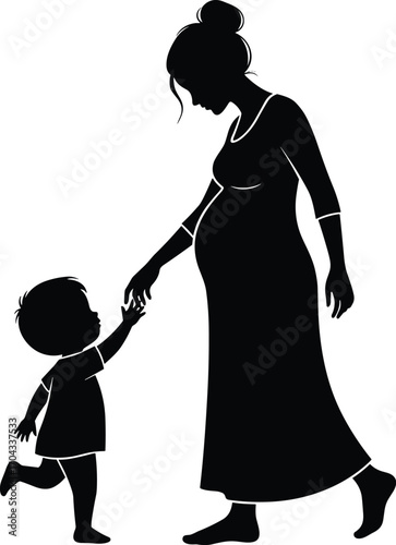pregnant woman and child, silhouette vector, mother son, tender moment, black illustration, white background, family bond, nurturing pose,