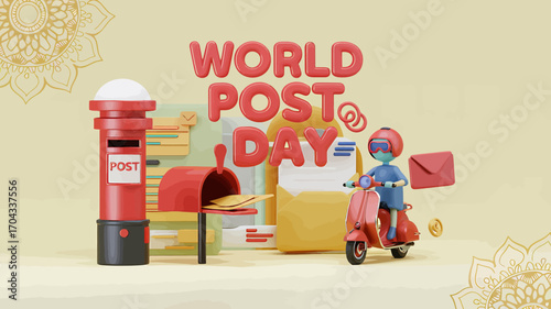 Vector art of world post day theme with a stylized post box, a person on a scooter delivering mail, and envelopes, symbolizing postal services
