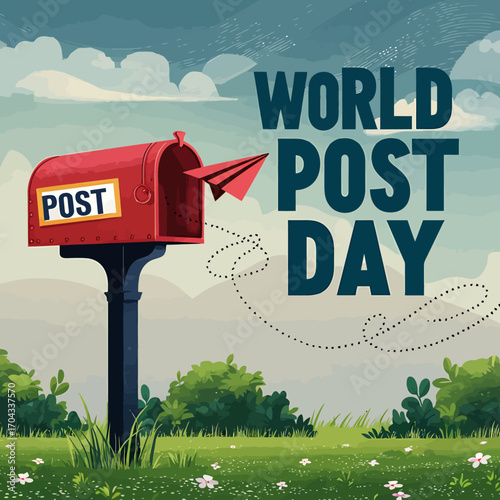 Vector art of world post day depicted with a traditional red mailbox in a grassy field, a paper airplane flying out, symbolizing mail delivery