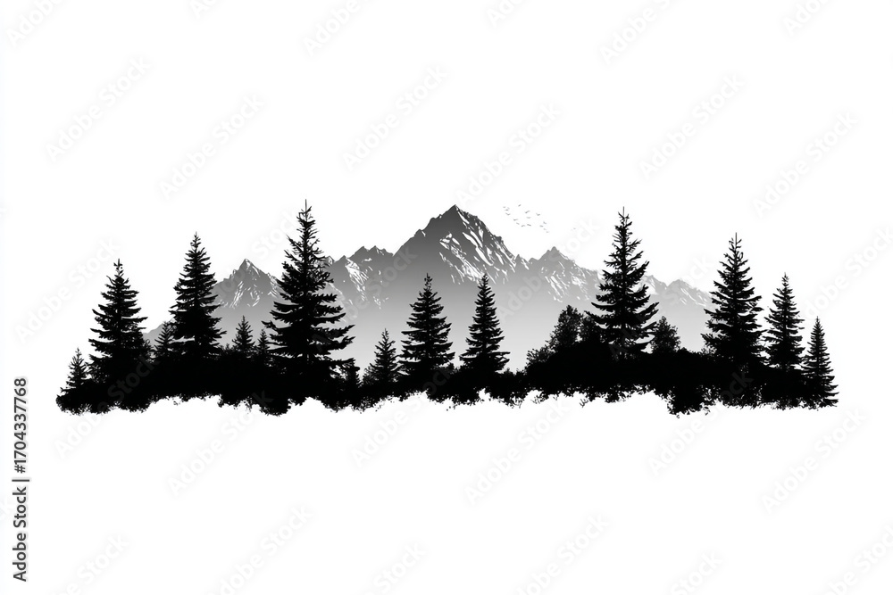 Fototapeta premium Majestic mountains rise behind a dark forest silhouette birds fly overhead a serene landscape
