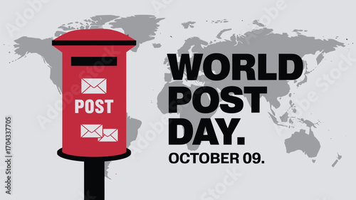 Vector art of world post day on october 9th features a red post box and a world map, highlighting international postal services and global connectivity for sending letters and packages
