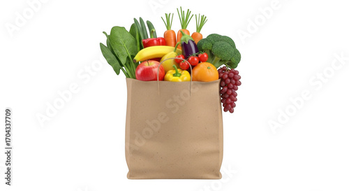 Fresh groceries in paper bag isolated on transparent background