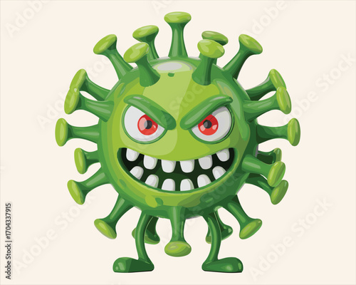 Cartoon angry green virus character, 3D funny germ monster, infectious disease symbol, cartoon microbe, virus illustration