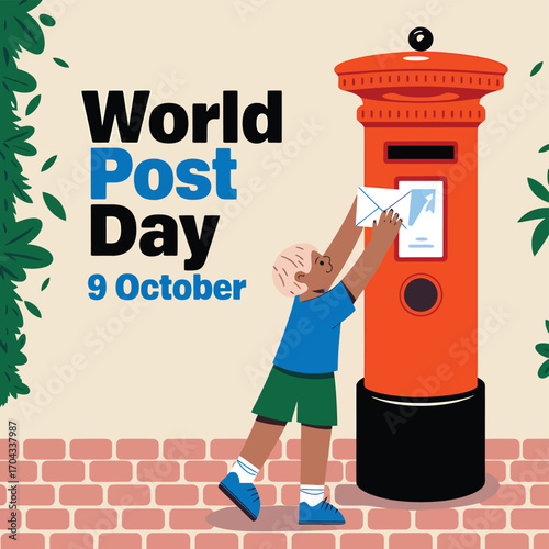 Illustration of a child posting a letter into a red post box to celebrate world post day on october 9th, concept of communication and delivery