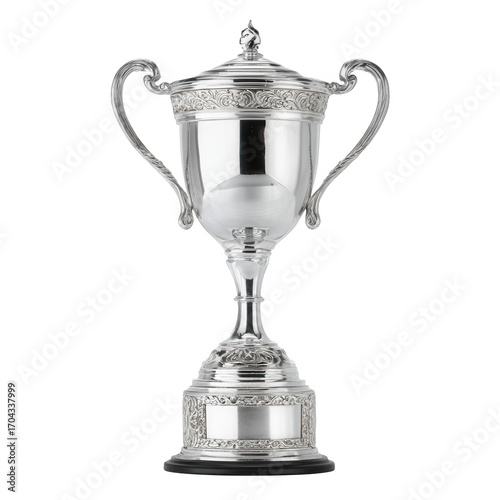 shiny silver trophy with an engraved base and pedestal, png