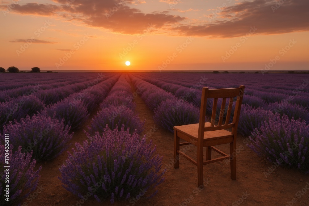 Fototapeta premium Lavender Field with Empty Wooden Chair Facing Horizon — Contemplative Sunset Photography