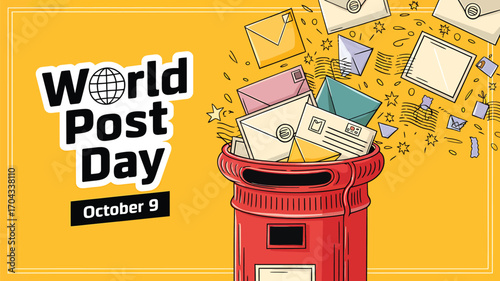 Vector art of world post day october 9 celebration with a red mailbox and flying envelopes against a yellow background and world map
