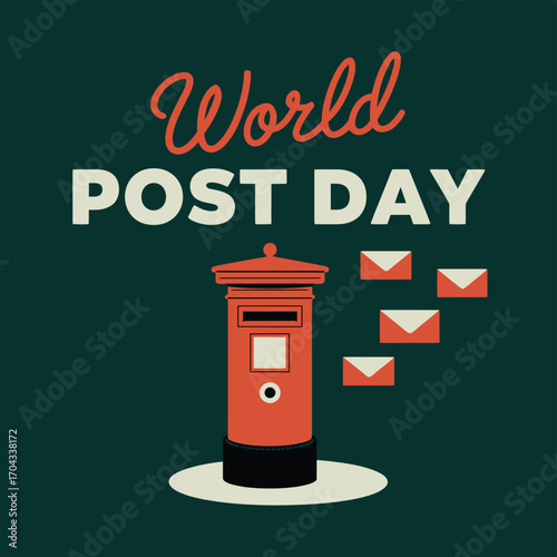 Vector art of world post day theme with a vintage red postbox and outgoing envelopes, festive design