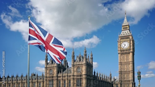 British Flag And Houses Of Parliament On Sunny Day