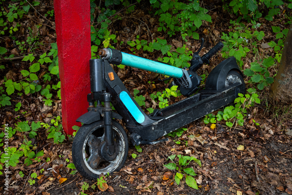 Fototapeta premium A damaged public electric scooter lies on the side of the road. The photo was taken on a cloudy day with natural lighting.