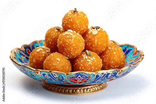 Delicious Sweet Ladoo Balls in Colorful Plate, Traditional Indian Motichur