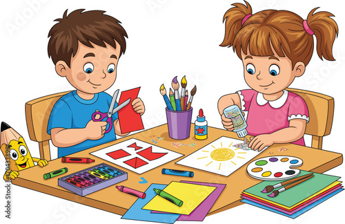 Two kids doing arts and crafts together, boy cutting paper, girl adding glitter, creative children at table, colorful crayons, paintbrushes, and glue, fun educational activity