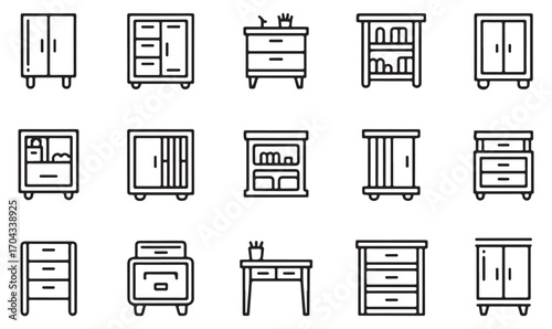 Minimalist outline furniture symbols: cupboard, storage, table, nightstand, and wardrobe icon collection for interiors