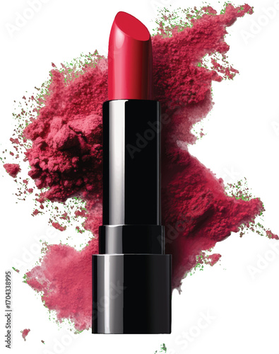 Vibrant Red Lipstick with Pink Powder Explosion on White Background makeup beauty
