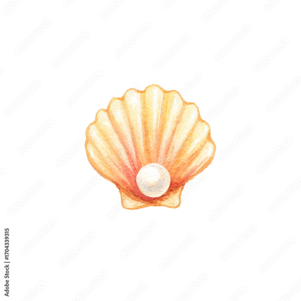 Fototapeta premium Watercolor seashell with pearl illustration on black background, cut out