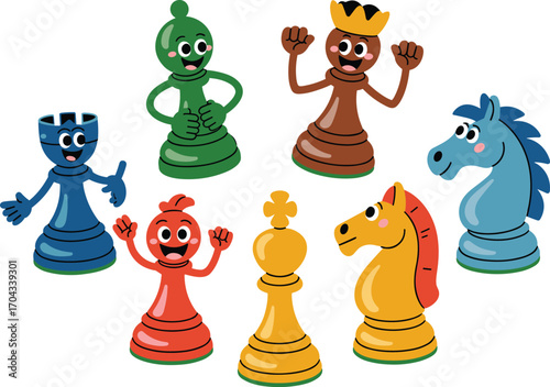 Cartoon chess pieces illustration, colorful game strategy characters, kids educational design, funny animated pawns, knights, king, queen