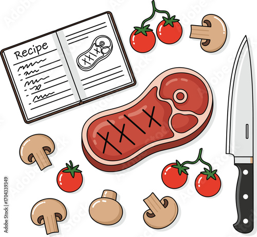 Steak Flat Lay with Recipe Book and Vegetables – Vector Art