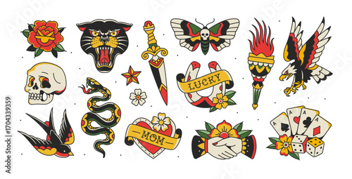 Old school temporary Tattoo art Collection for Rock stickers and apparel print dsgn (part 1). Colorful Tattoo Rock symbols and old school set of Eagle, Panther head, butterfly, playing cards, skull	
