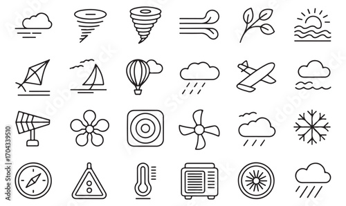 Minimalist outline atmosphere symbols: tornado, storm, clouds, rain, sun, and wind icons collection for environment