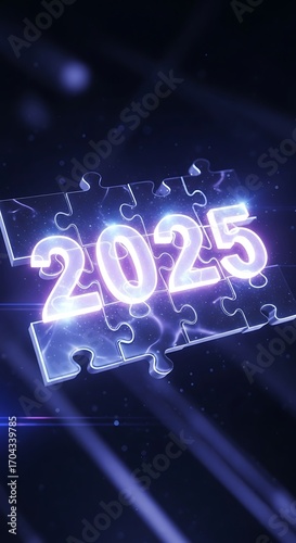 Illuminated 2025 numerals presented on connected puzzle pieces, showcasing a futuristic and vibrant design.