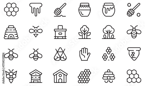 Organic honey and beekeeping outline symbols: insects, flowers, hives, jars, and agriculture icon collection