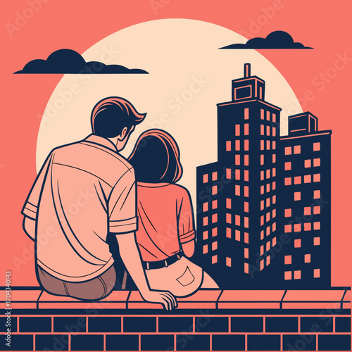 Couple Sitting on Rooftop Parapet Vector Illustration  
