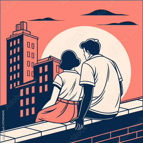 Couple Sitting on Rooftop Parapet Vector Illustration  
