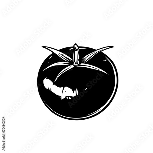 A cartoon design element featuring a ripe tomato, symbolizing a natural vegetable, is set against a white background, highlighting the tomato as a modern, fresh plant or a key ingredient in healthy
