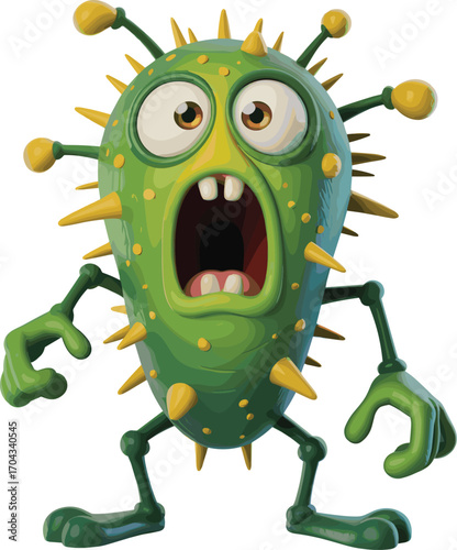Cartoon germ character, funny green virus monster, angry microbe with spikes, bacteria illustration, 3D medical animation
