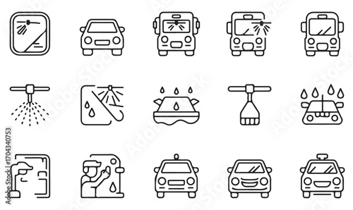 Vehicle service and travel symbols: bus, car, wash, safety, and maintenance icons in minimalist line art style