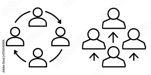 A thin line black icon symbolizing a meeting point is set against a white background in a modern illustration from a human resources concept