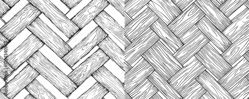 The herringbone parquet tile design features a modern seamless pattern of geometric diagonal bricks in a zigzag, with black lines on a white background, perfect for interior floors or walls