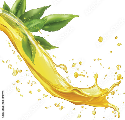 Yellow Liquid Splash with Green Leaves and Droplets on White Background fluid dynamic