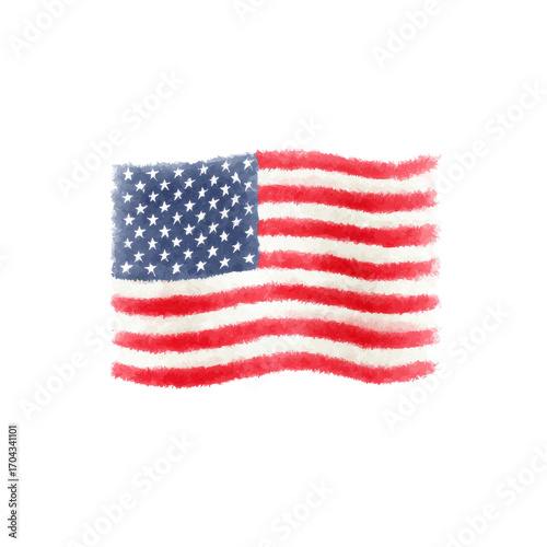 Artistic watercolor american flag with stars and stripes, cut out