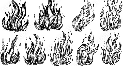Red hot flames from a campfire, wildfire fireballs, or a burning torch represent heat and flammable symbols, along with burning firewall effects