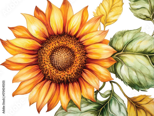 Watercolor Sunflower with Green and Yellow Leaves on White Background painting floral