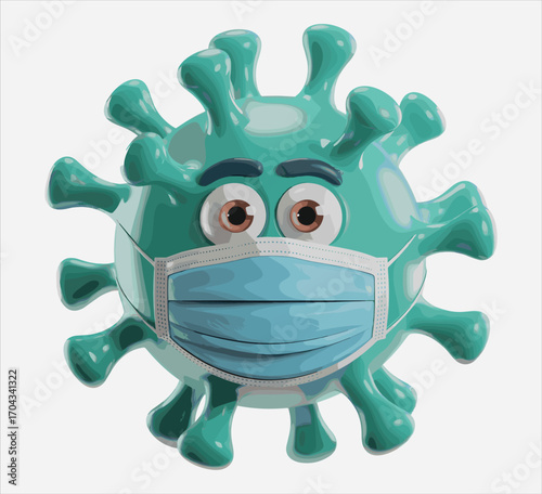 Cartoon virus character, teal germ, face mask, health safety, medical awareness, pandemic icon, infection prevention, hygiene, covid illustration