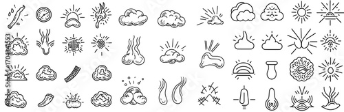 Modern line symbols feature smell icons, smoke, steam, and nose-smelling odors, including scents, vapors, and bad smells, as well as stinky odors and toxic fume clouds with skulls, representing