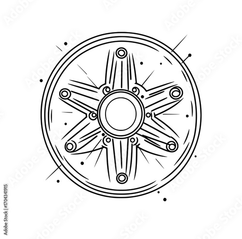 A modern stainless steel mechanism gear, along with a connecting object, features a rolled metal gear component with an isolated outline and a round shape connector, all mounted on a bracket