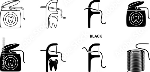 Dental floss icon set, line and black glyph style