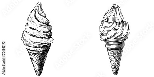 Envision a conical cup holding a sweet summer treat, specifically a waffle cone ice cream made from dairy, fruit, or yogurt, characterized by a creamy swirl pattern, isolated on a clean white