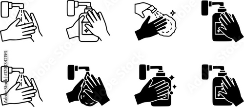 Sanitize hands icon set, line and black glyph style
