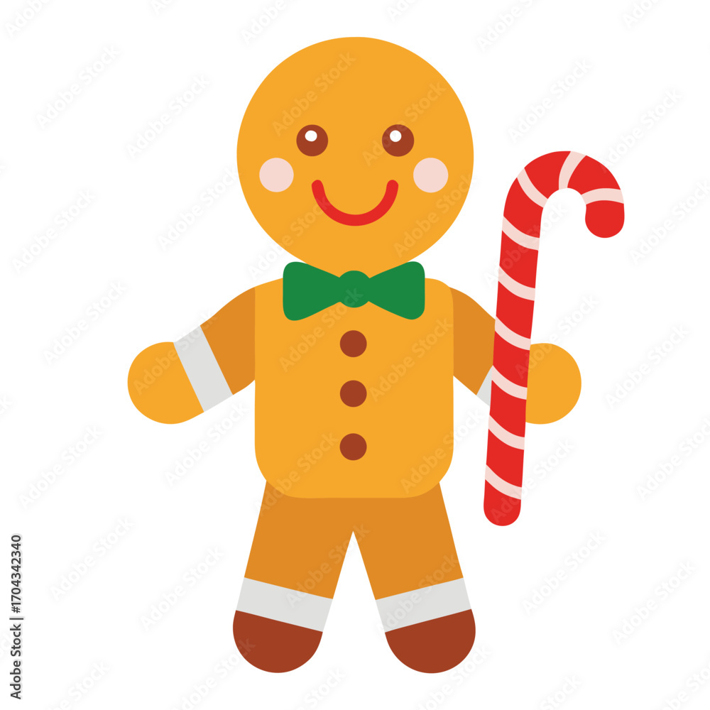 Fototapeta premium Cute gingerbread man holding a red and white candy cane