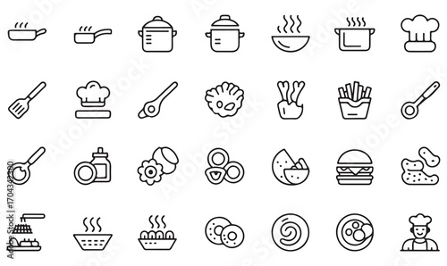Culinary line art icons collection: cooking, kitchen, restaurant, utensils, meal, baking, and food preparation set