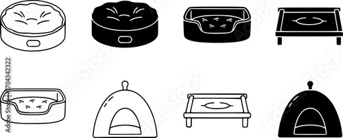 Pet bed icon set, line and black glyph style 