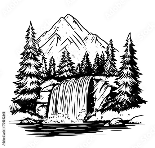 A natural park serves as the backdrop for a clean stream, waterfall, and island, complete with a blue aqua flow, spruce trees on a cliff, and a cartoon waterfall and cascade stream