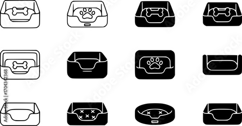 Pet bed icon set, line and black glyph style 