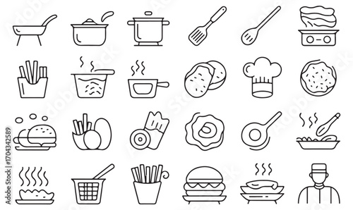 Food and cooking outline icons: burger, fries, eggs, pan, pot, chef hat, and utensils for gastronomy and dining