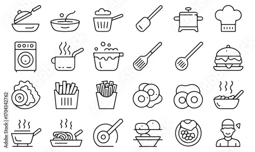 Kitchen tools and cooking icons set: chef, spoon, pot, ingredients, food preparation, and restaurant outline style