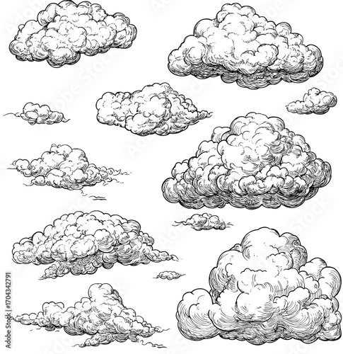 The cloudscape is characterized by etched textures of curved air streams, blending modern hand-drawn skies with vintage elements of cloudy heavens and antique map elements